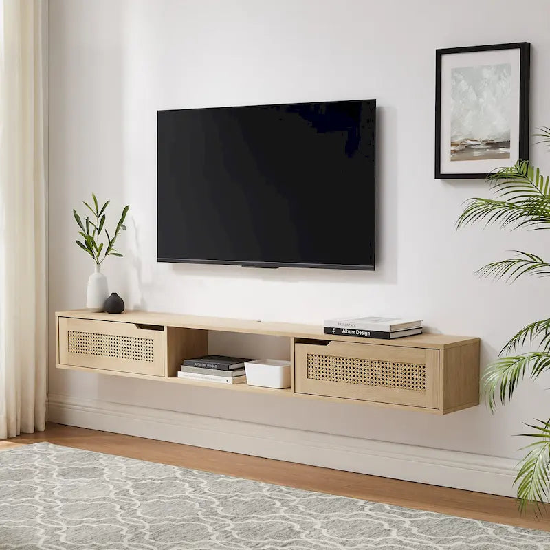 Meuble TV flottant Middlebrook Scandi 70 pouces avec portes en similicuir tressé