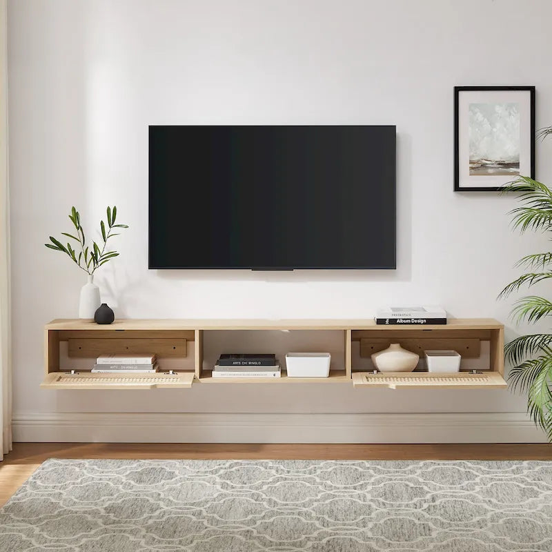 Meuble TV flottant Middlebrook Scandi 70 pouces avec portes en similicuir tressé