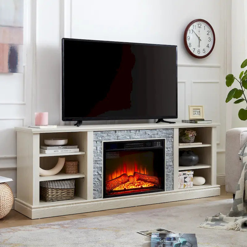 Meuble TV moderne avec foyer électrique de 23 po, grand meuble de rangement TV en fausse pierre empilée