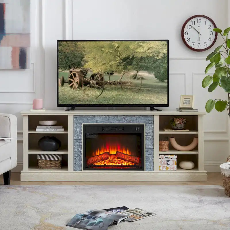 Meuble TV moderne avec foyer électrique de 23 po, grand meuble de rangement TV en fausse pierre empilée