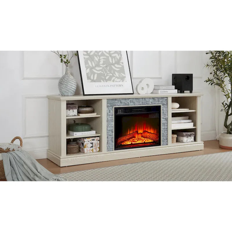 Meuble TV moderne avec foyer électrique de 23 po, grand meuble de rangement TV en fausse pierre empilée