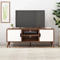Meuble TV Blanc et Noyer 120 cm avec pieds évasés et 3 tiroirs décalés pour TV 40 pouces