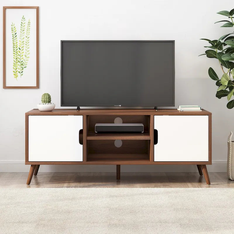 Meuble TV Blanc et Noyer 120 cm avec pieds évasés et 3 tiroirs décalés pour TV 40 pouces