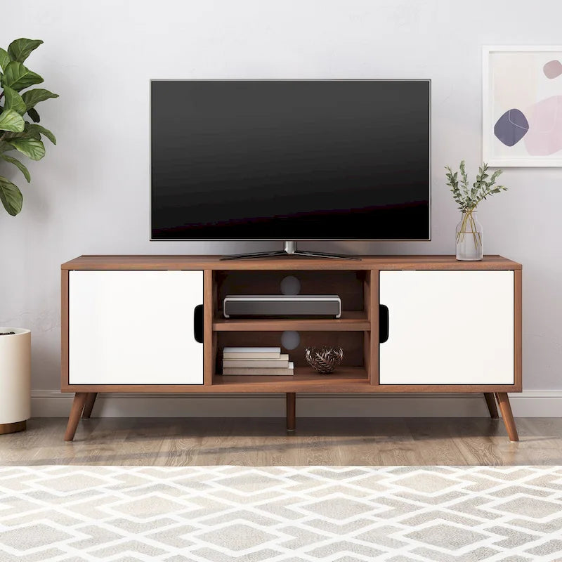 Meuble TV Blanc et Noyer 120 cm avec pieds évasés et 3 tiroirs décalés pour TV 40 pouces