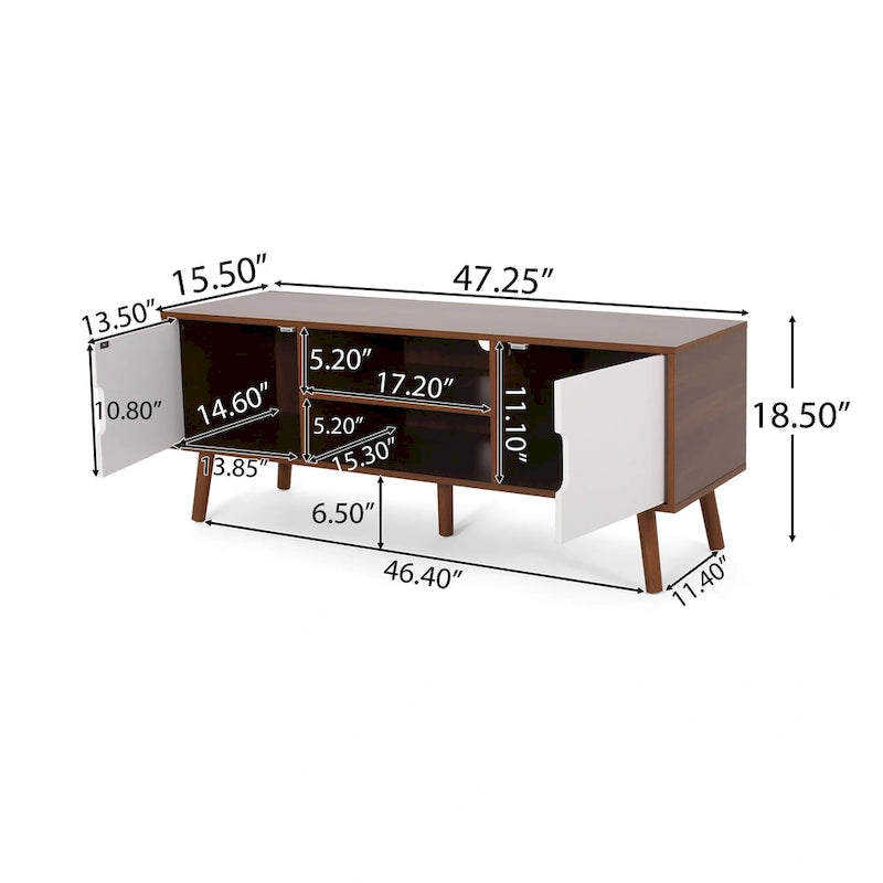 Meuble TV Blanc et Noyer 120 cm avec pieds évasés et 3 tiroirs décalés pour TV 40 pouces