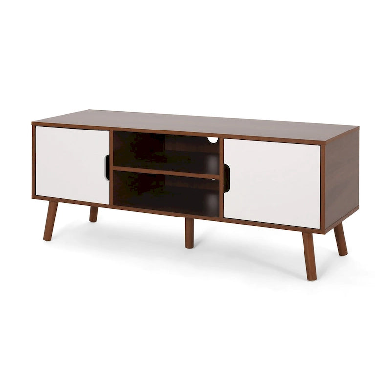 Meuble TV Blanc et Noyer 120 cm avec pieds évasés et 3 tiroirs décalés pour TV 40 pouces