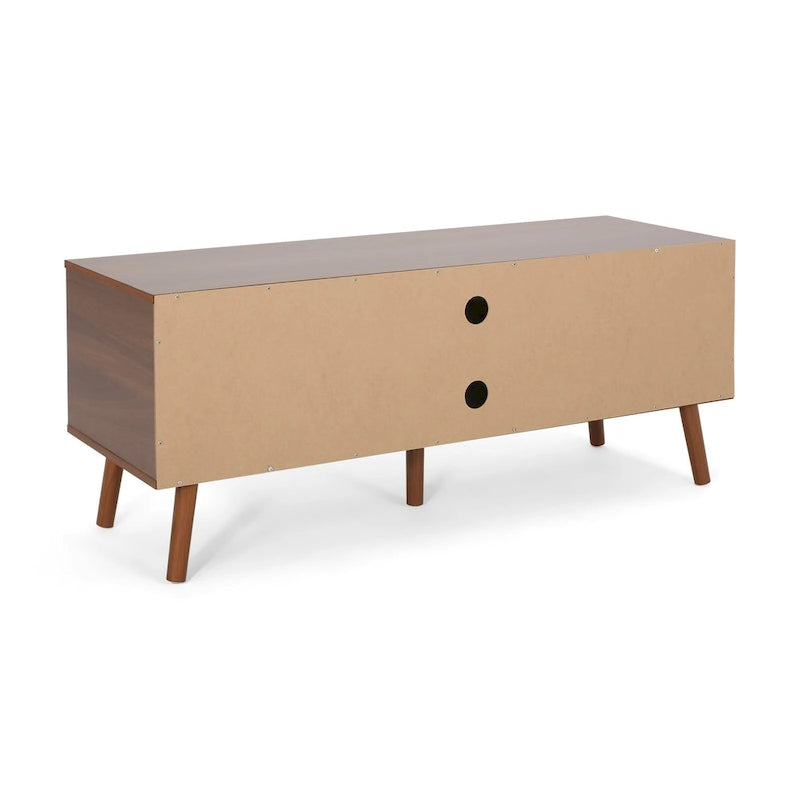 Meuble TV Blanc et Noyer 120 cm avec pieds évasés et 3 tiroirs décalés pour TV 40 pouces