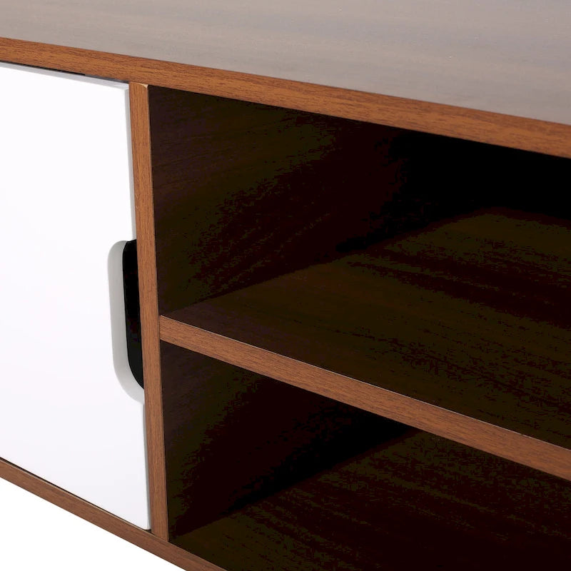 Meuble TV Blanc et Noyer 120 cm avec pieds évasés et 3 tiroirs décalés pour TV 40 pouces