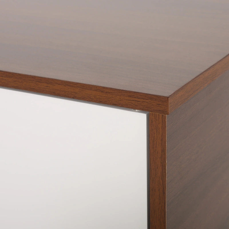 Meuble TV Blanc et Noyer 120 cm avec pieds évasés et 3 tiroirs décalés pour TV 40 pouces