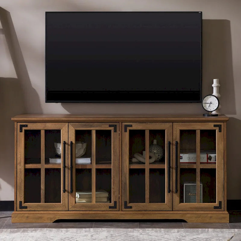 Meuble TV avec portes vitrées à croisillons au style ferme moderne, pour téléviseurs jusqu'à 65 pouces - Chêne rustique