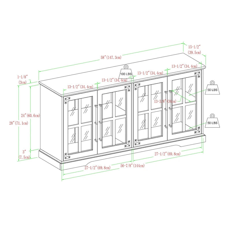 Meuble TV avec portes vitrées à croisillons au style ferme moderne, pour téléviseurs jusqu'à 65 pouces - Chêne rustique
