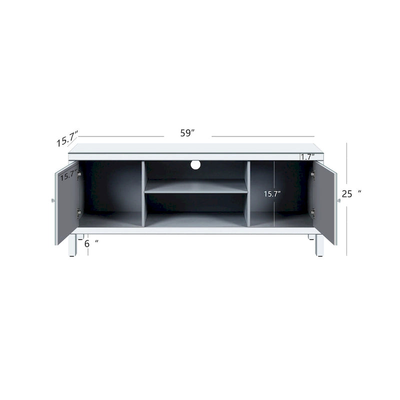 Meuble TV de 150 cm avec portes miroir en losange et rangement pour téléviseurs jusqu'à 65 pouces