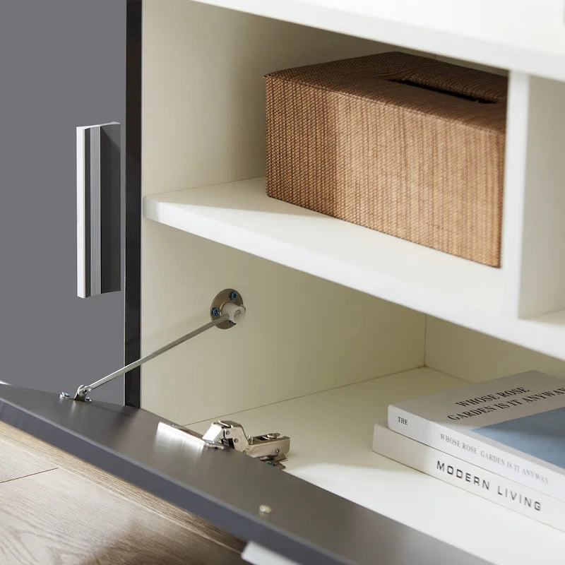 Meuble TV gris de 62,99 po avec lumières DEL, armoires et étagères ouvertes pour téléviseurs jusqu'à 65 po