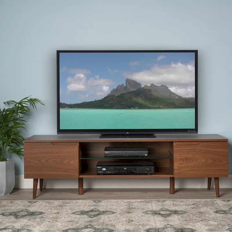 Meuble TV en noyer 59,2 avec 2 armoires et étagère en verre trempé pour téléviseurs 40 pouces