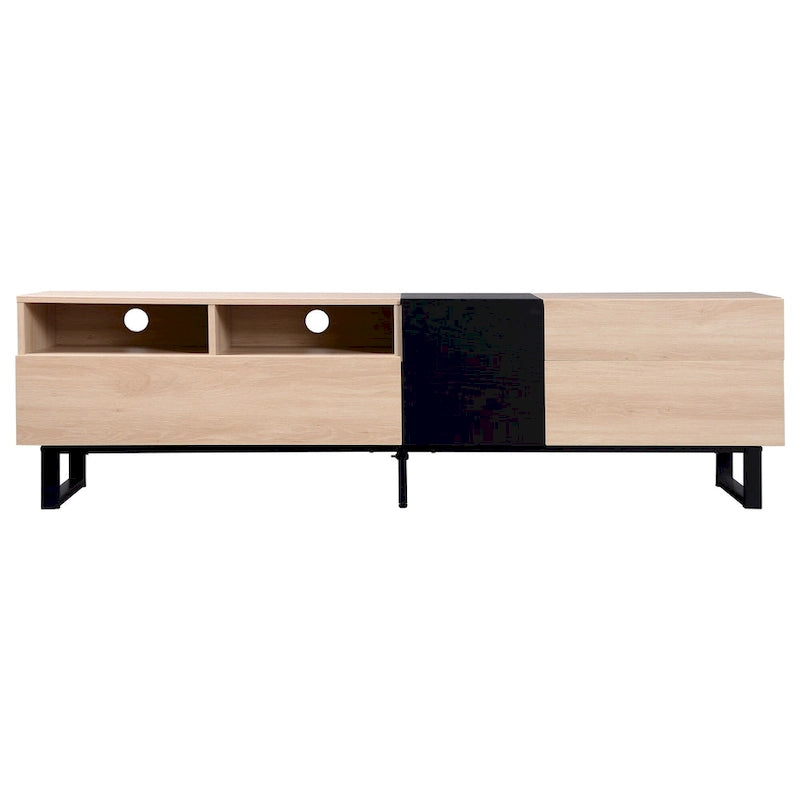 Meuble TV 70,9 po avec double espace de rangement pour téléviseurs de 80 po, en noir et bois naturel