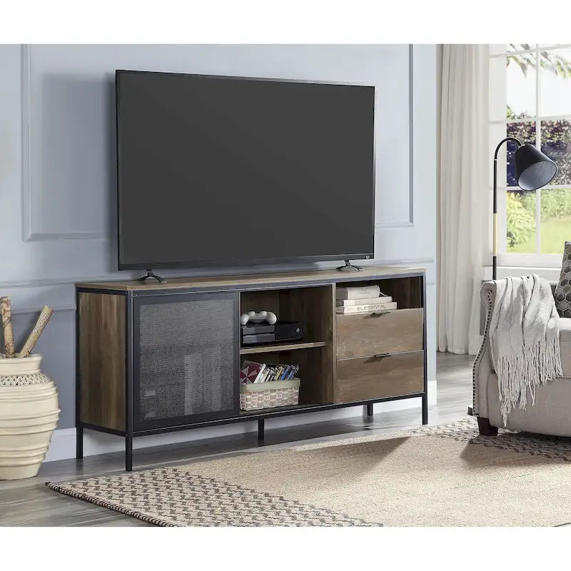 Meuble TV industriel en chêne 63 avec tiroirs de rangement et étagère pour téléviseurs 60 pouces