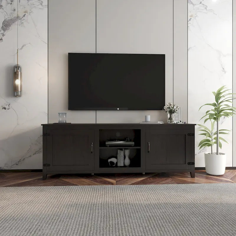 Meuble TV noir 70.08 avec portes et compartiments ouverts pour téléviseurs 60 pouces