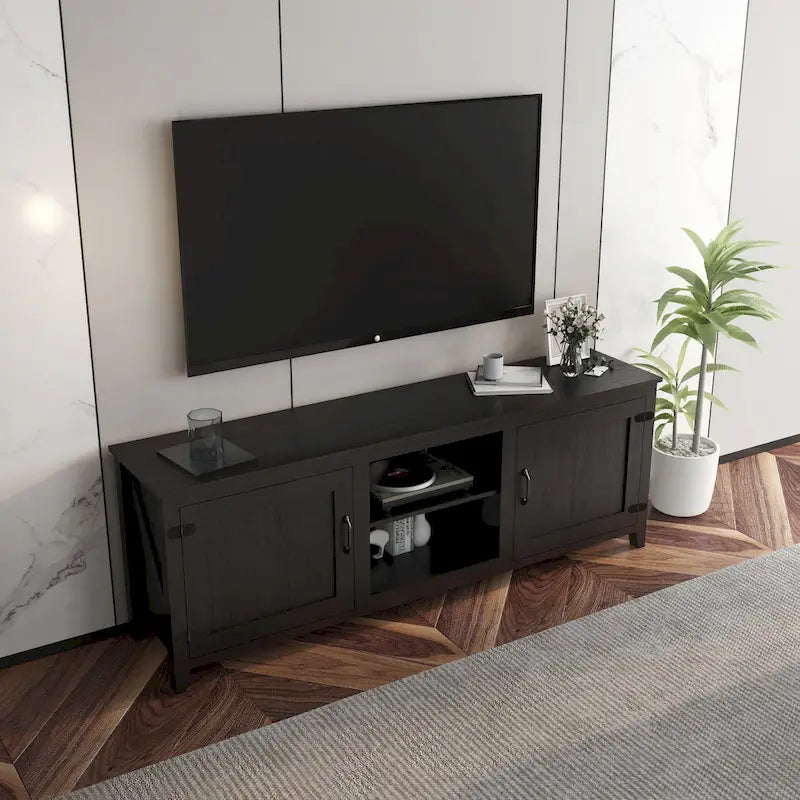 Meuble TV noir 70.08 avec portes et compartiments ouverts pour téléviseurs 60 pouces