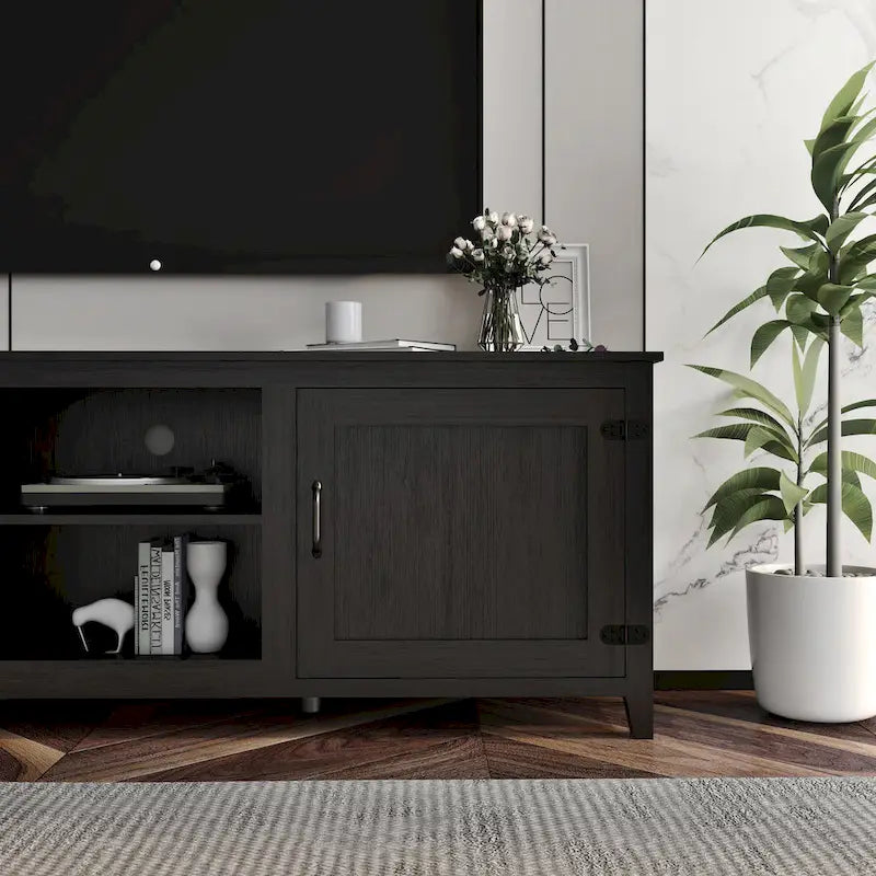 Meuble TV noir 70.08 avec portes et compartiments ouverts pour téléviseurs 60 pouces
