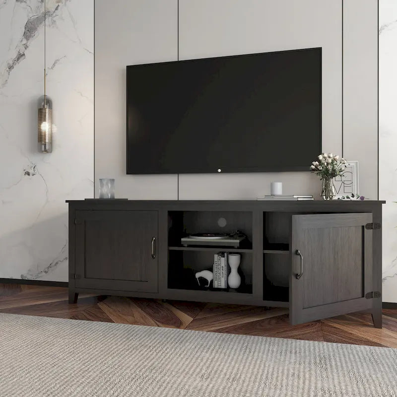Meuble TV noir 70.08 avec portes et compartiments ouverts pour téléviseurs 60 pouces