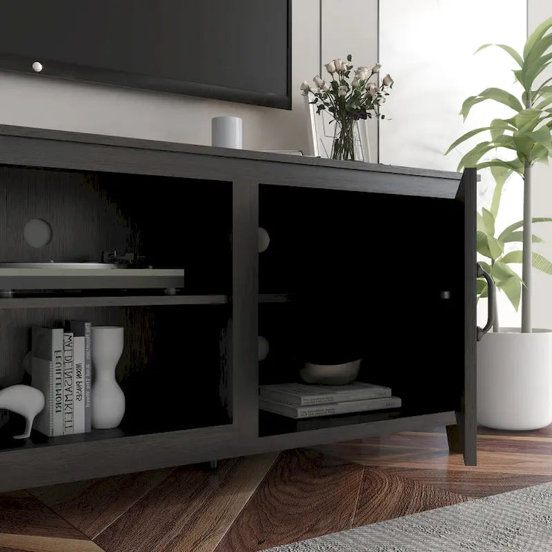 Meuble TV noir 70.08 avec portes et compartiments ouverts pour téléviseurs 60 pouces