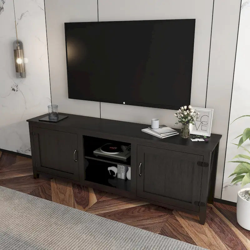 Meuble TV noir 70.08 avec portes et compartiments ouverts pour téléviseurs 60 pouces