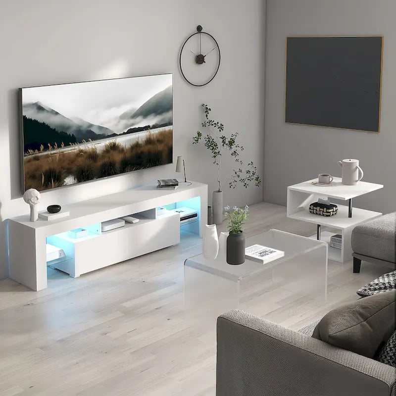Meuble TV de 130 cm avec porte abattante et étagère en verre pour téléviseurs de 55 po