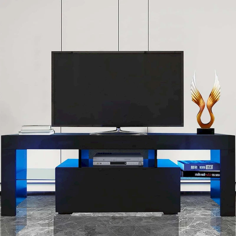 Meuble TV de 130 cm avec porte abattante et étagère en verre pour téléviseurs de 55 po