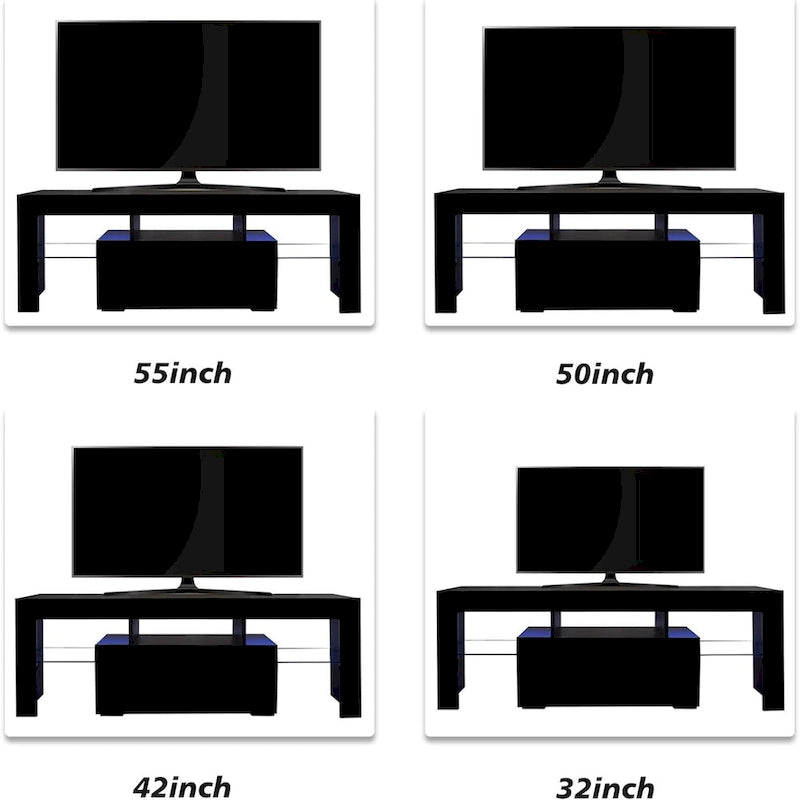 Meuble TV de 130 cm avec porte abattante et étagère en verre pour téléviseurs de 55 po