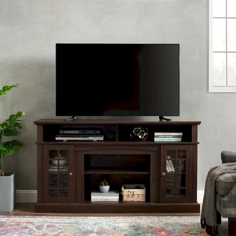 Meuble TV Espresso Classic 58,25 po avec rangement ouvert et fermé pour téléviseurs de 65 po