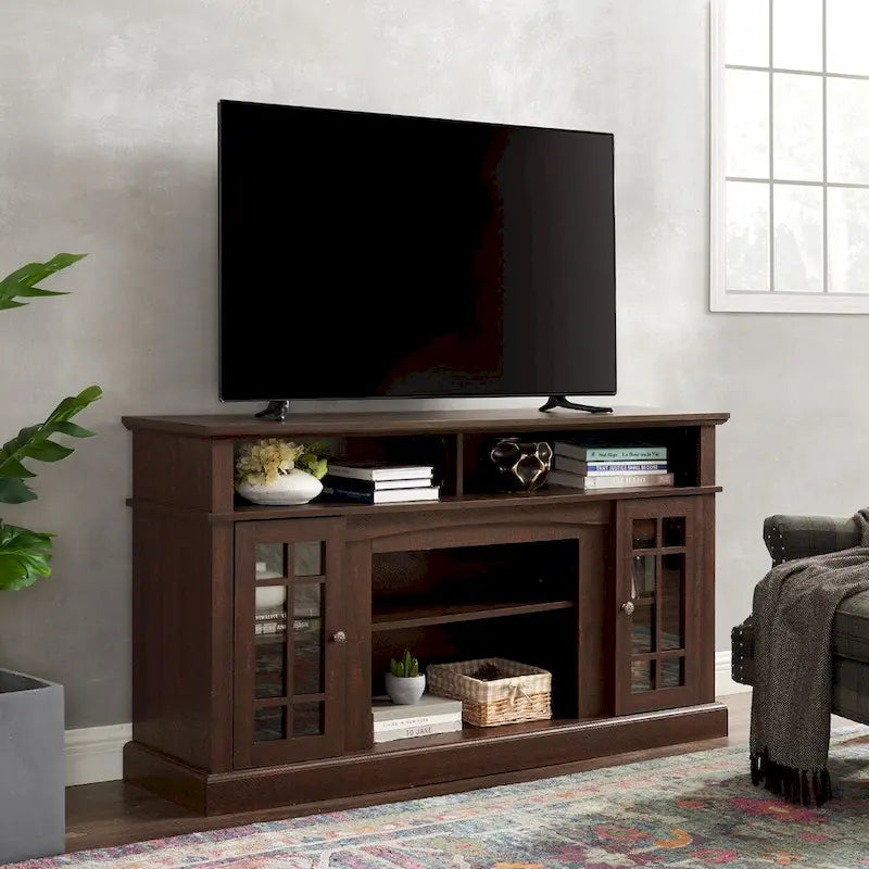 Meuble TV Espresso Classic 58,25 po avec rangement ouvert et fermé pour téléviseurs de 65 po