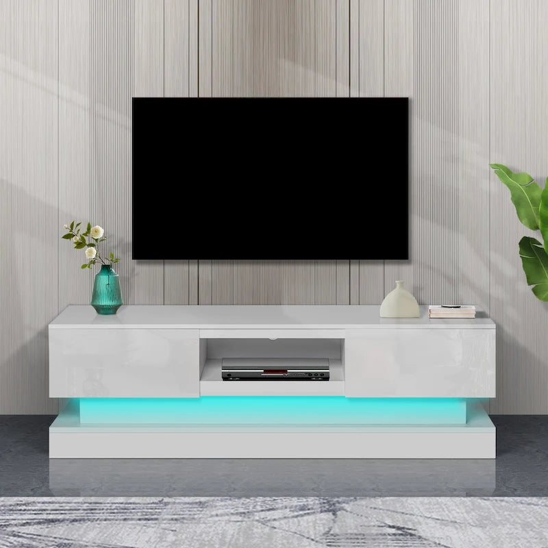 Meuble TV blanc de 63 po avec tiroirs et lumières DEL pour téléviseurs de 65 po