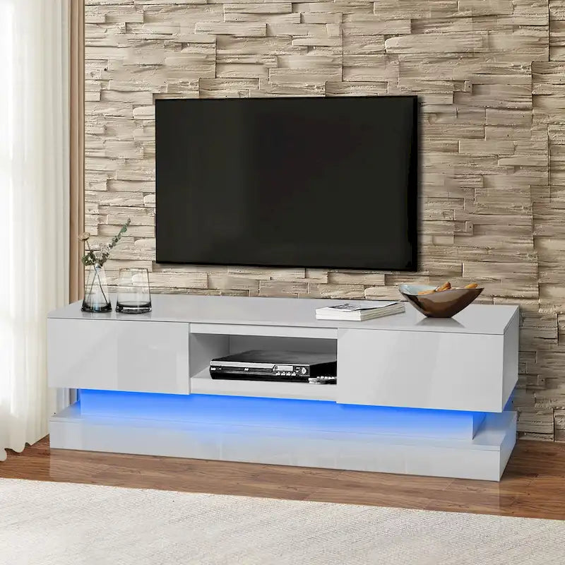Meuble TV blanc de 63 po avec tiroirs et lumières DEL pour téléviseurs de 65 po