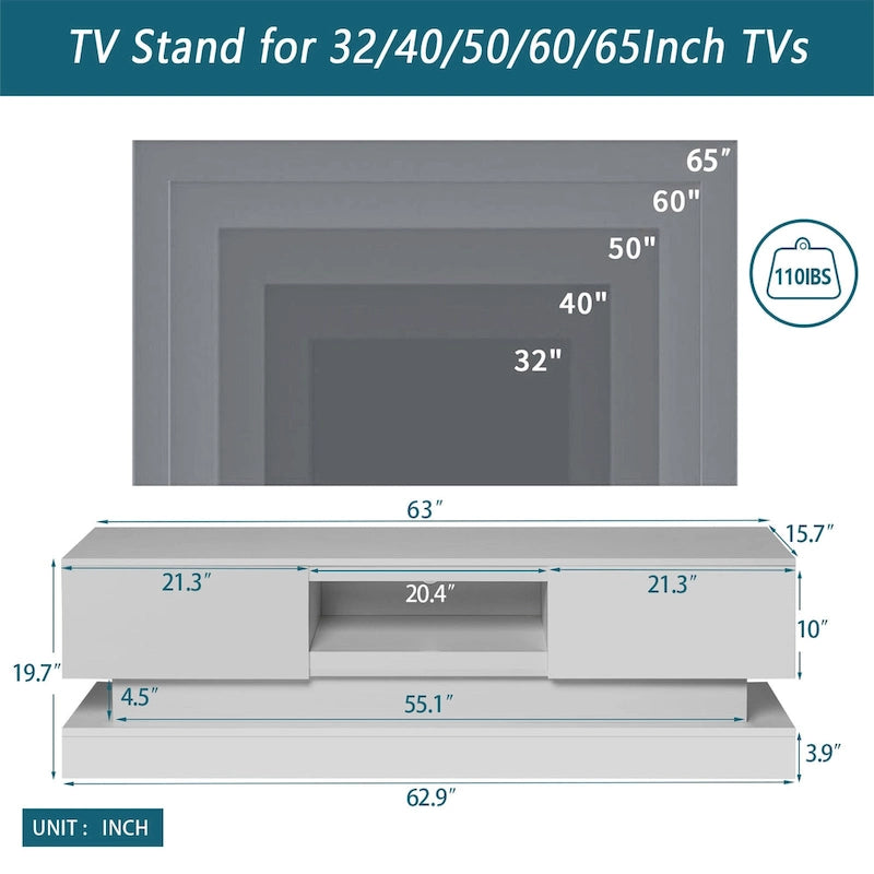 Meuble TV blanc de 63 po avec tiroirs et lumières DEL pour téléviseurs de 65 po
