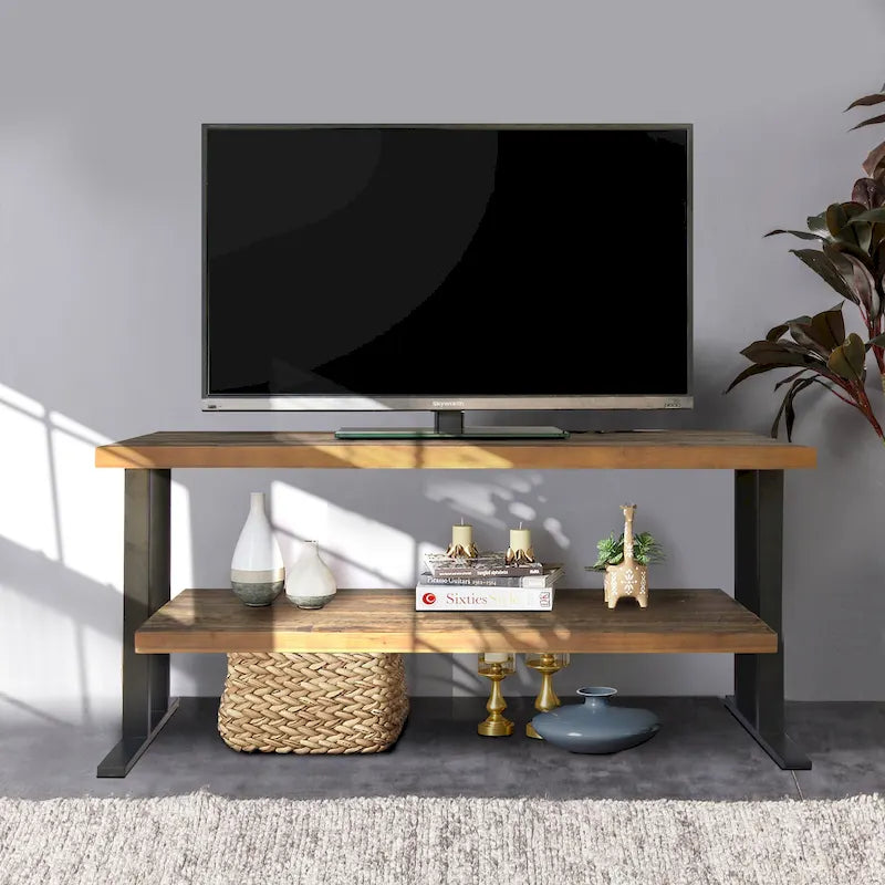 Table console média avec une étagère pour votre intérieur, en bois de récupération naturel et finition noire