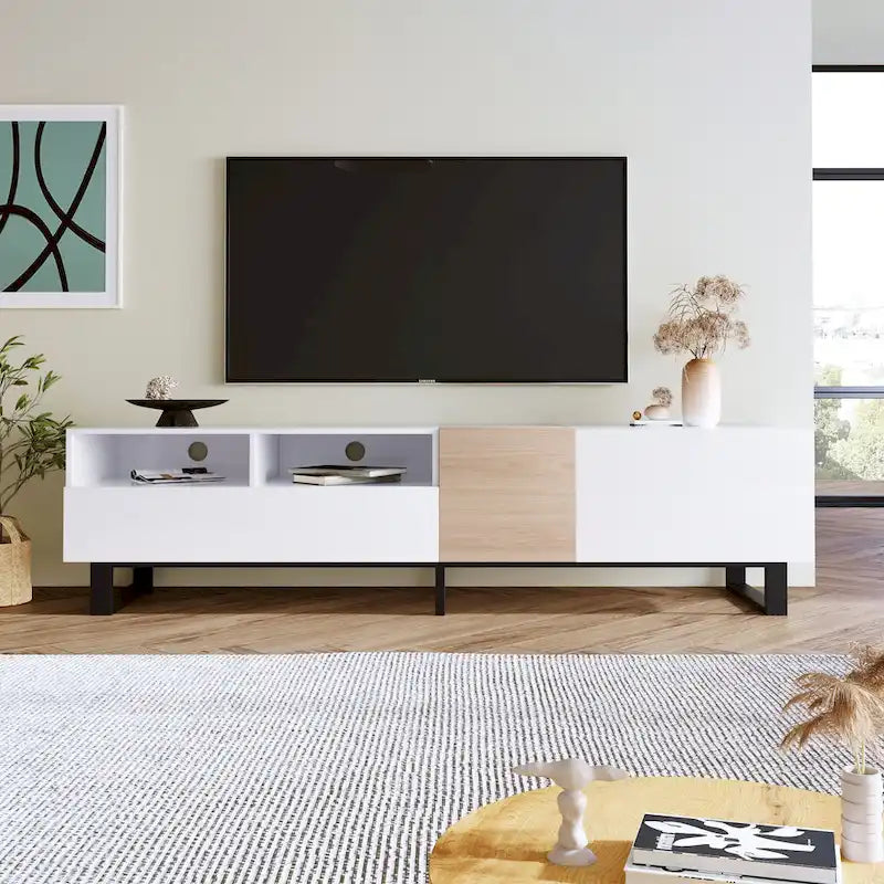 Meuble TV Blanc+Naturel de 70,9 po avec rangement et porte abattante pour téléviseurs jusqu'à 80 po