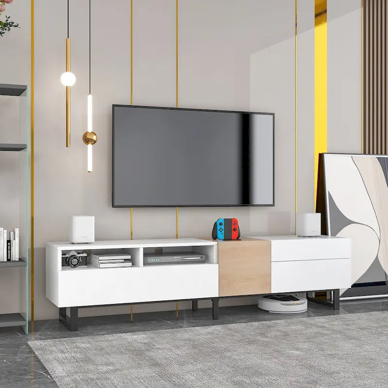 Meuble TV Blanc+Naturel de 70,9 po avec rangement et porte abattante pour téléviseurs jusqu'à 80 po