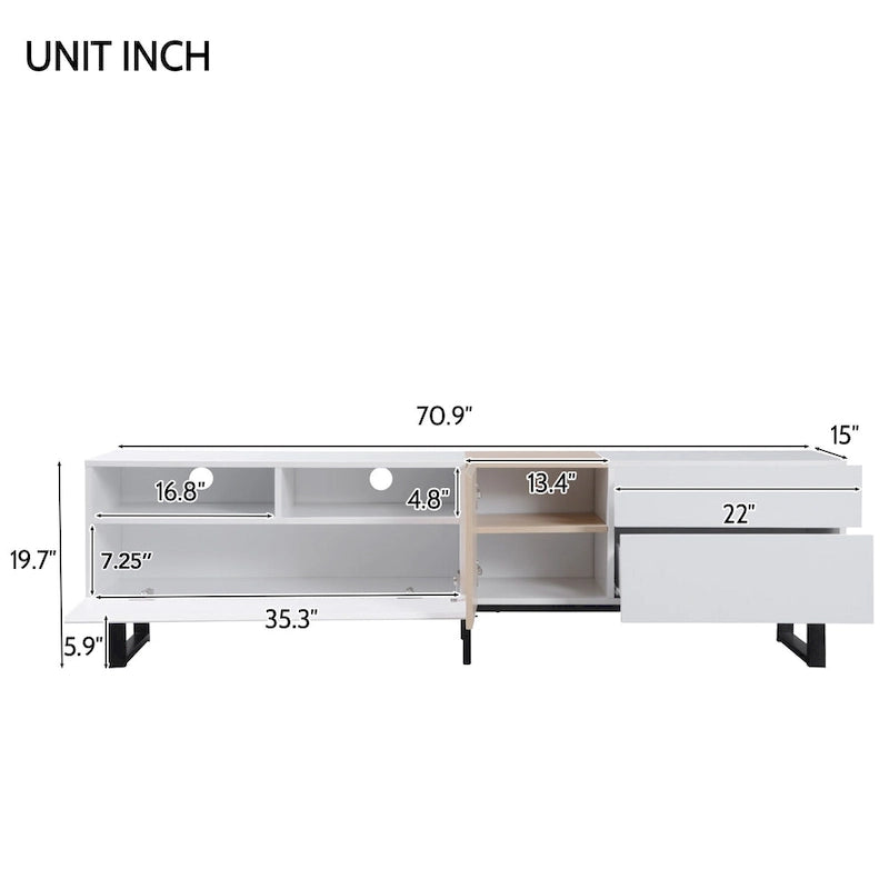 Meuble TV Blanc+Naturel de 70,9 po avec rangement et porte abattante pour téléviseurs jusqu'à 80 po