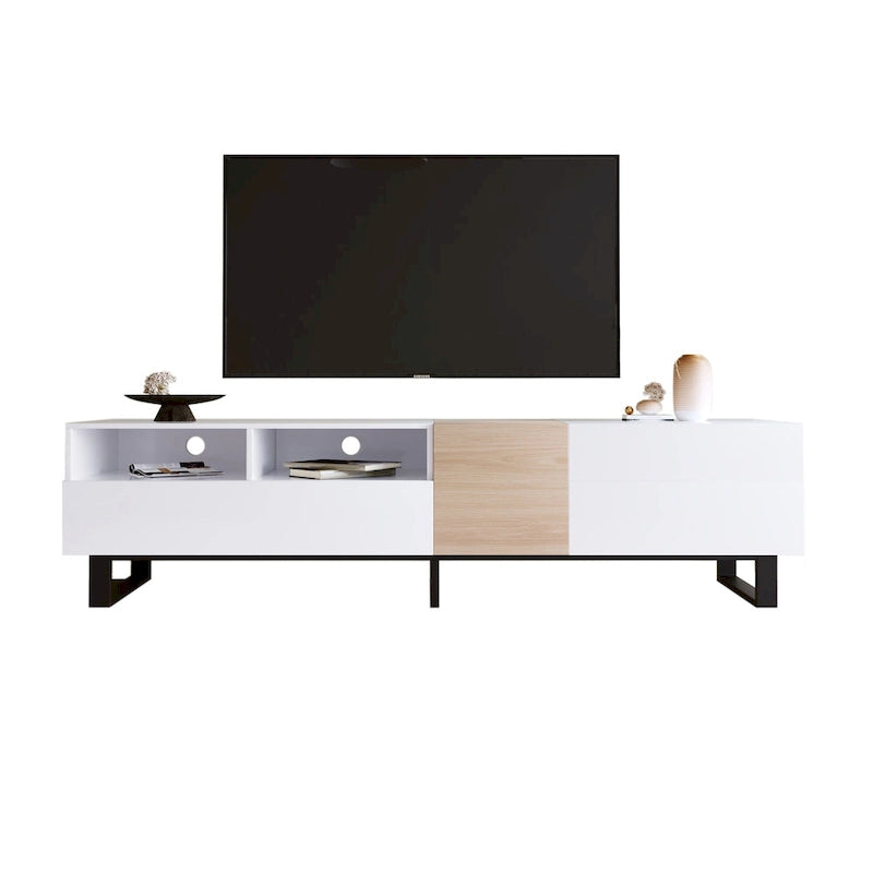 Meuble TV Blanc+Naturel de 70,9 po avec rangement et porte abattante pour téléviseurs jusqu'à 80 po