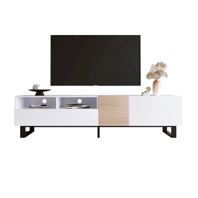 Meuble TV Blanc+Naturel de 70,9 po avec rangement et porte abattante pour téléviseurs jusqu'à 80 po