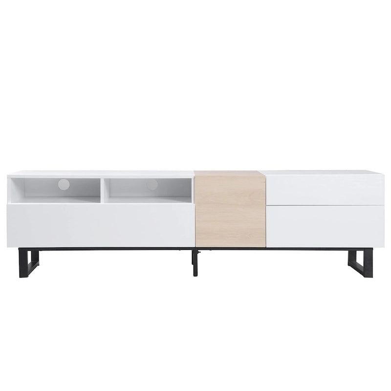 Meuble TV Blanc+Naturel de 70,9 po avec rangement et porte abattante pour téléviseurs jusqu'à 80 po