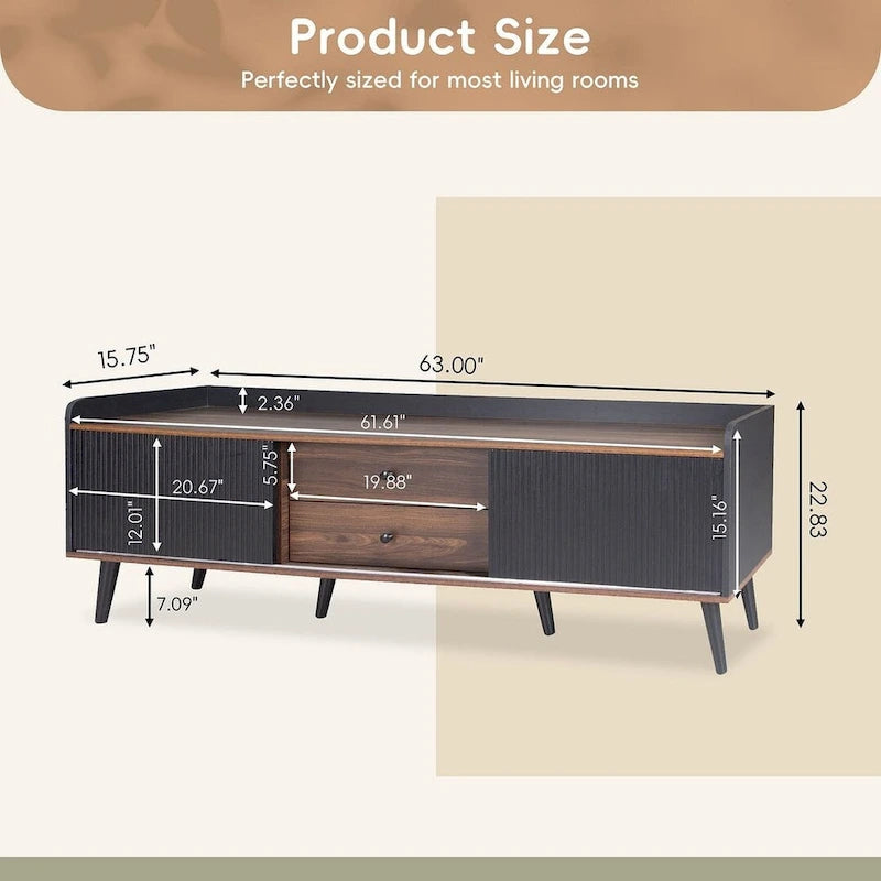 Meuble TV brun foncé noir style moderne milieu de siècle de 160 cm