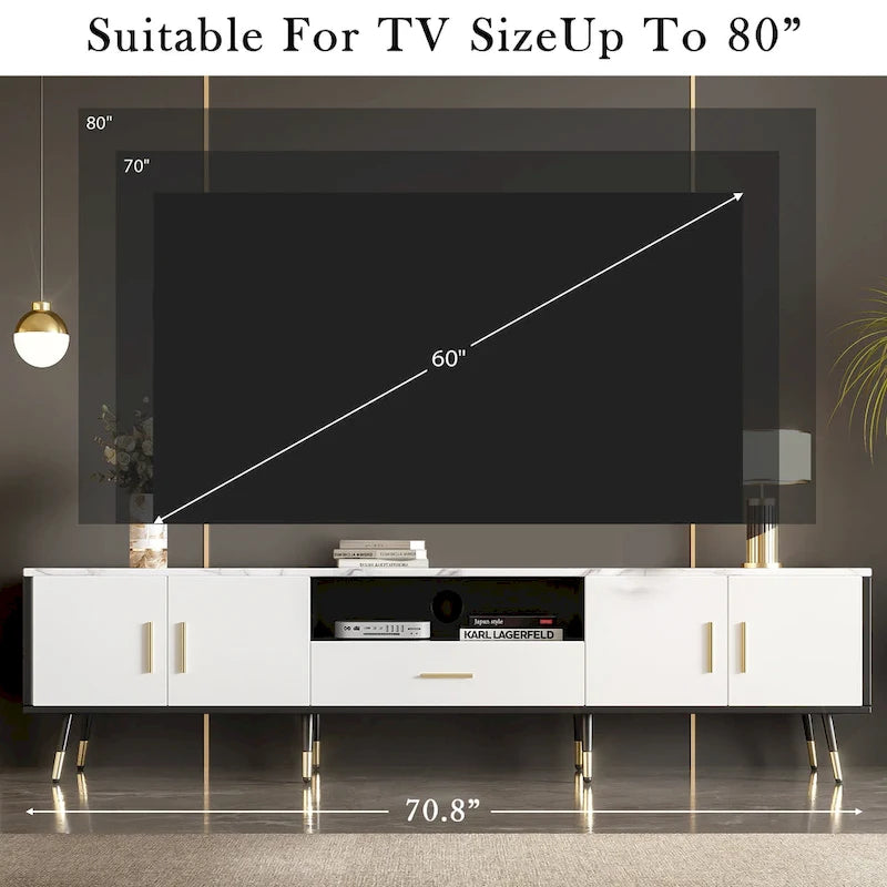 Meuble TV moderne de 71 po avec 2 armoires et compartiments ouverts, centre de divertissement pour téléviseurs jusqu'à 80 po, console de télévision