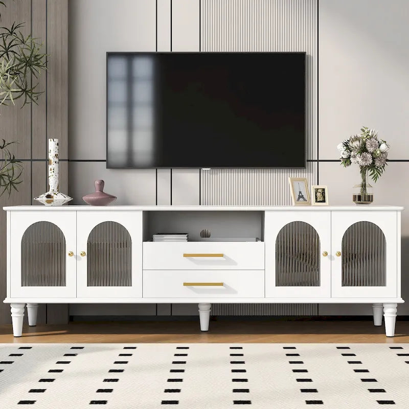 Meuble TV rétro de 68,9 po pour téléviseurs jusqu'à 75 po, console multimédia de centre de divertissement avec portes en verre cannelé pour salon