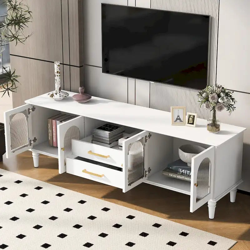 Meuble TV rétro de 68,9 po pour téléviseurs jusqu'à 75 po, console multimédia de centre de divertissement avec portes en verre cannelé pour salon