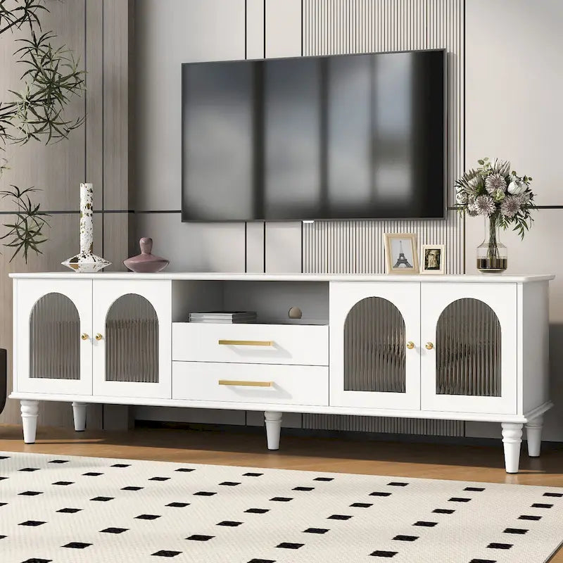 Meuble TV rétro de 68,9 po pour téléviseurs jusqu'à 75 po, console multimédia de centre de divertissement avec portes en verre cannelé pour salon