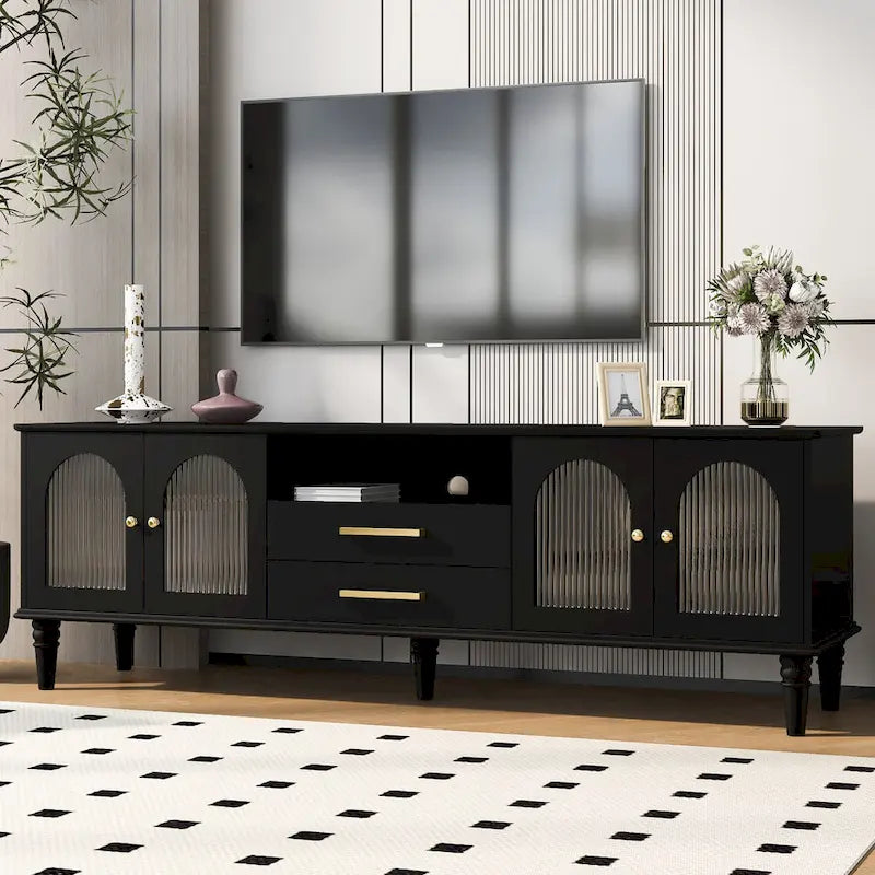 Meuble TV rétro de 68,9 po pour téléviseurs jusqu'à 75 po, console multimédia de centre de divertissement avec portes en verre cannelé pour salon