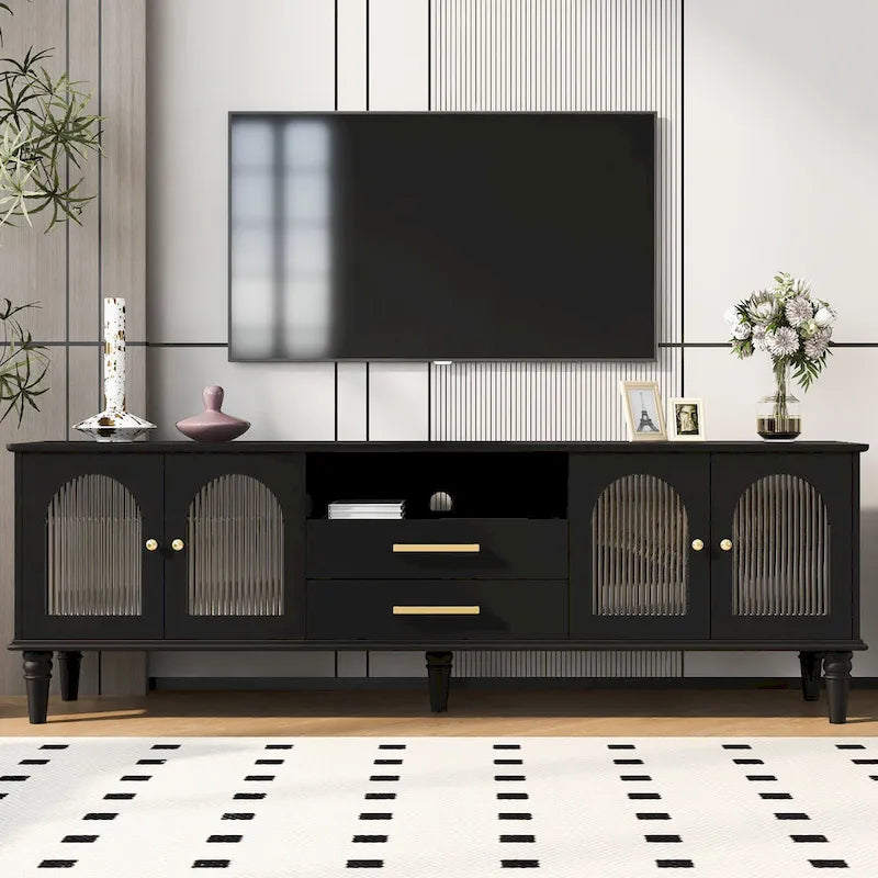 Meuble TV rétro de 68,9 po pour téléviseurs jusqu'à 75 po, console multimédia de centre de divertissement avec portes en verre cannelé pour salon