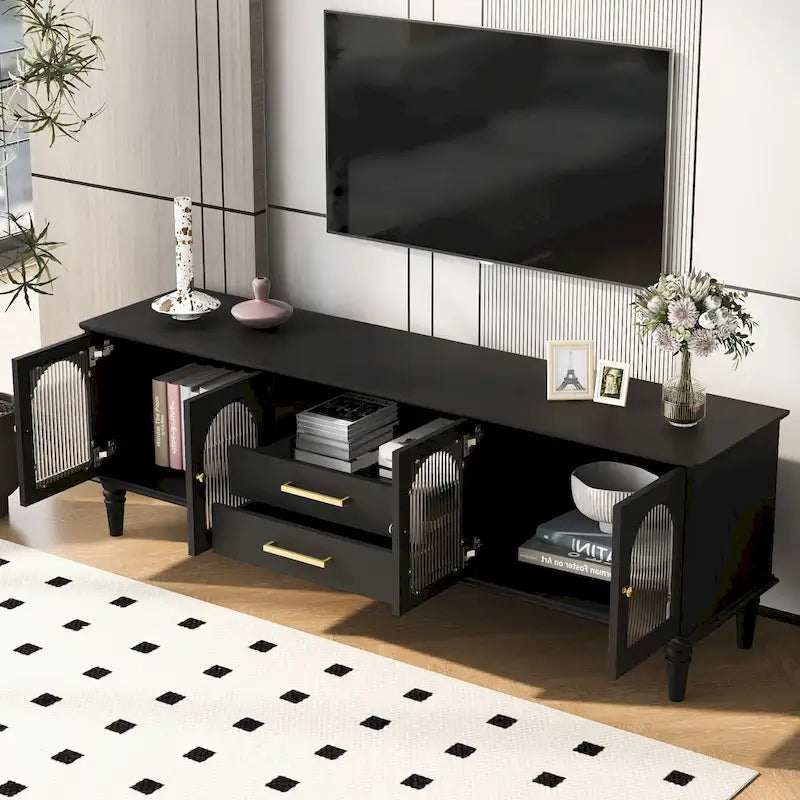 Meuble TV rétro de 68,9 po pour téléviseurs jusqu'à 75 po, console multimédia de centre de divertissement avec portes en verre cannelé pour salon