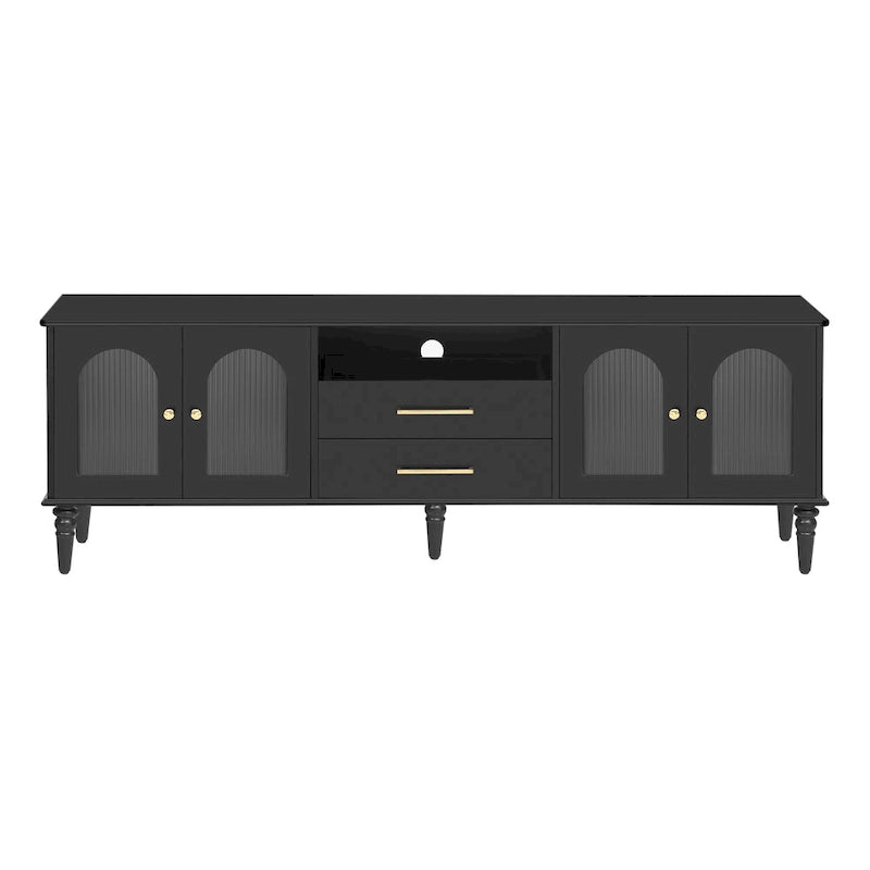 Meuble TV rétro de 68,9 po pour téléviseurs jusqu'à 75 po, console multimédia de centre de divertissement avec portes en verre cannelé pour salon